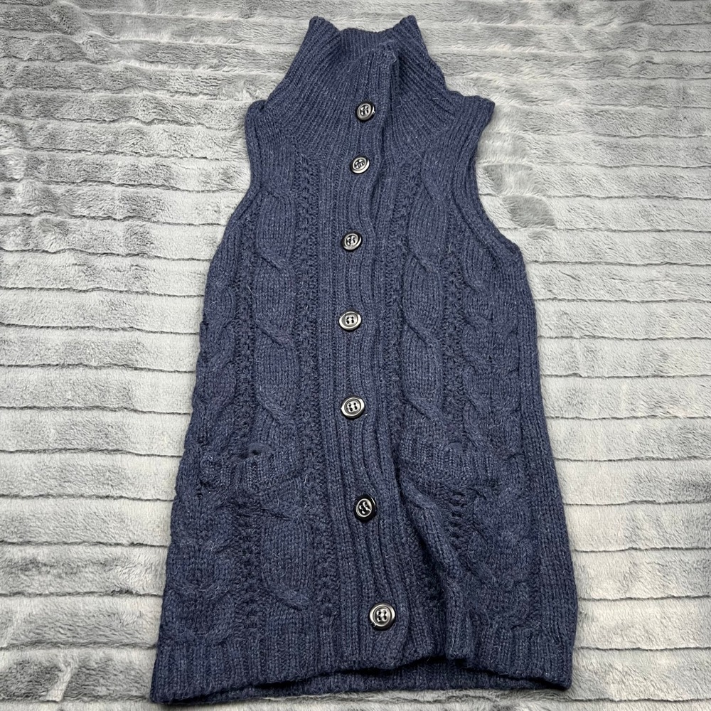 Sisley Navy Blue Cable Knit High Neck Button Front Sweater Vest Pockets 11654